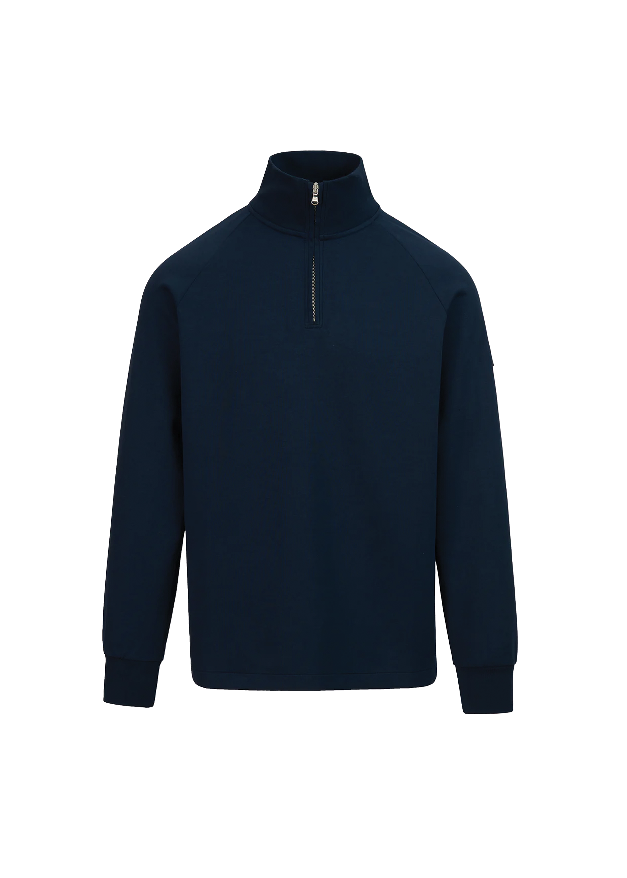 Navy blue quarter-zip sweatshirt on a white background