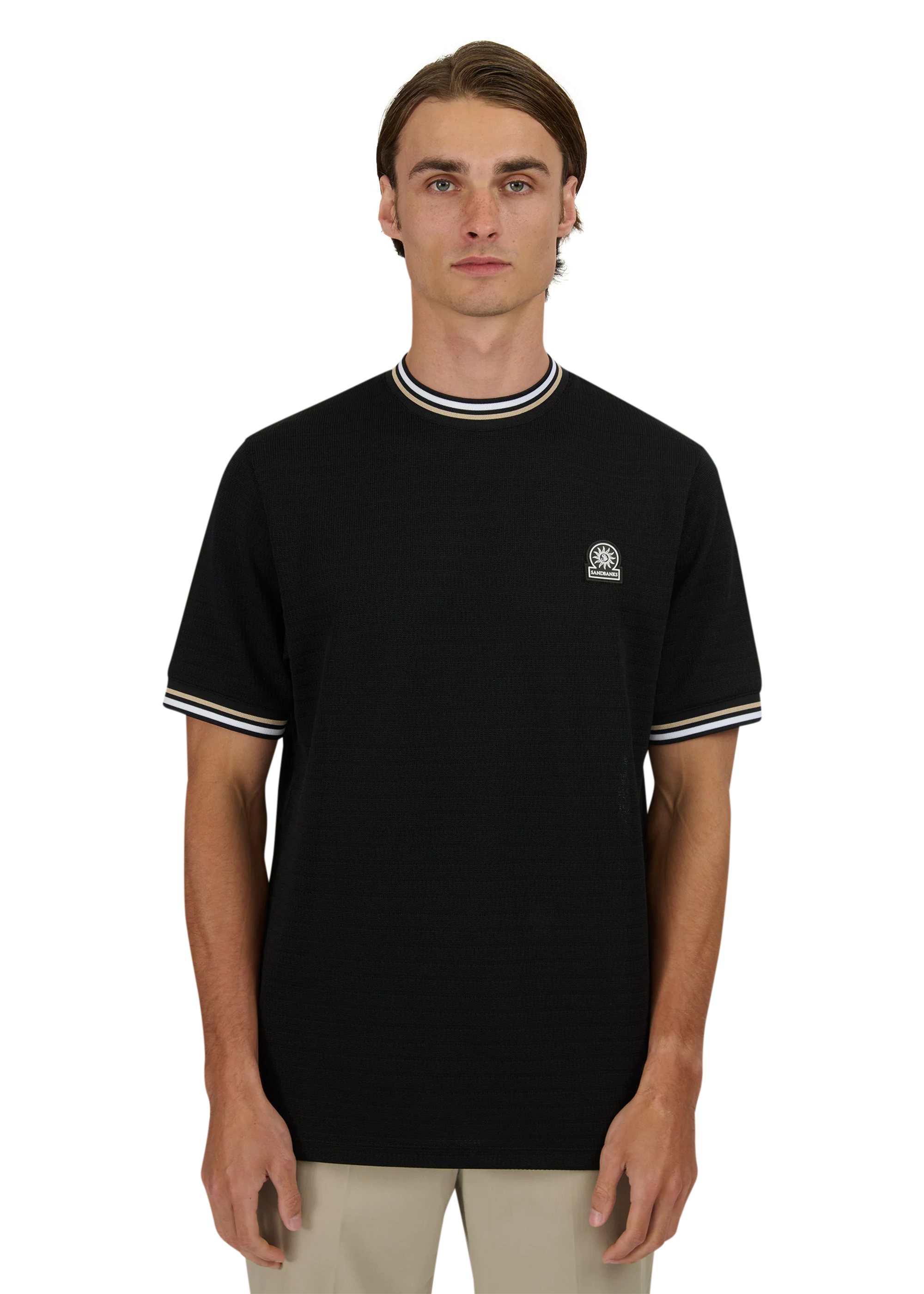 Sandbanks Jacquard T-Shirt with Striped Neck and Cuffs - Black