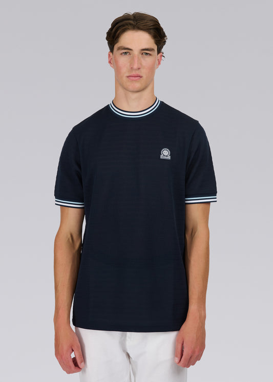 Sandbanks Jacquard T-Shirt with Striped Neck and Cuffs -  Navy