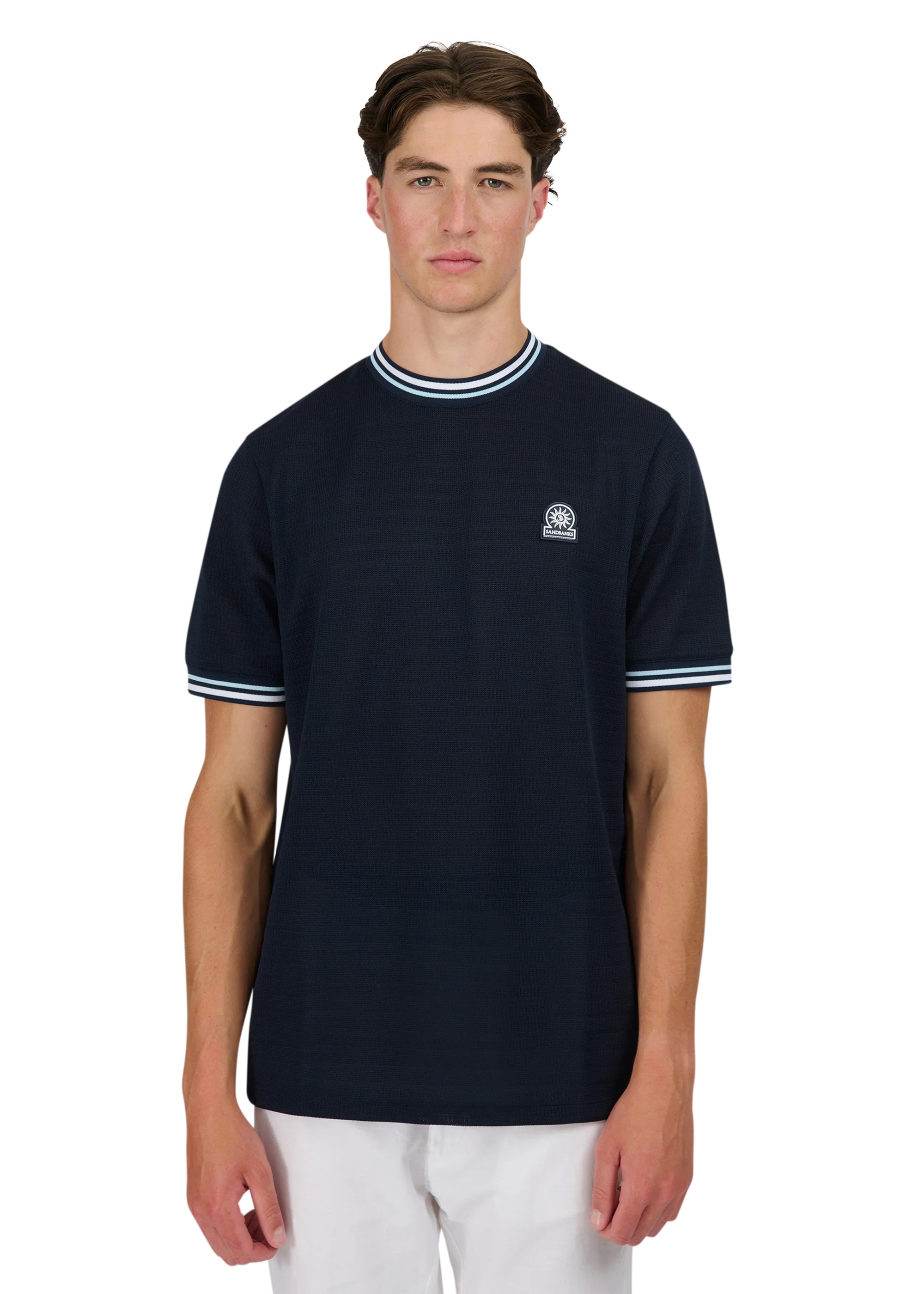Sandbanks Jacquard T-Shirt with Striped Neck and Cuffs -  Navy