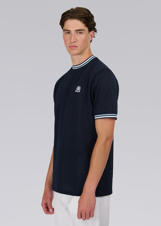Sandbanks Jacquard T-Shirt with Striped Neck and Cuffs -  Navy