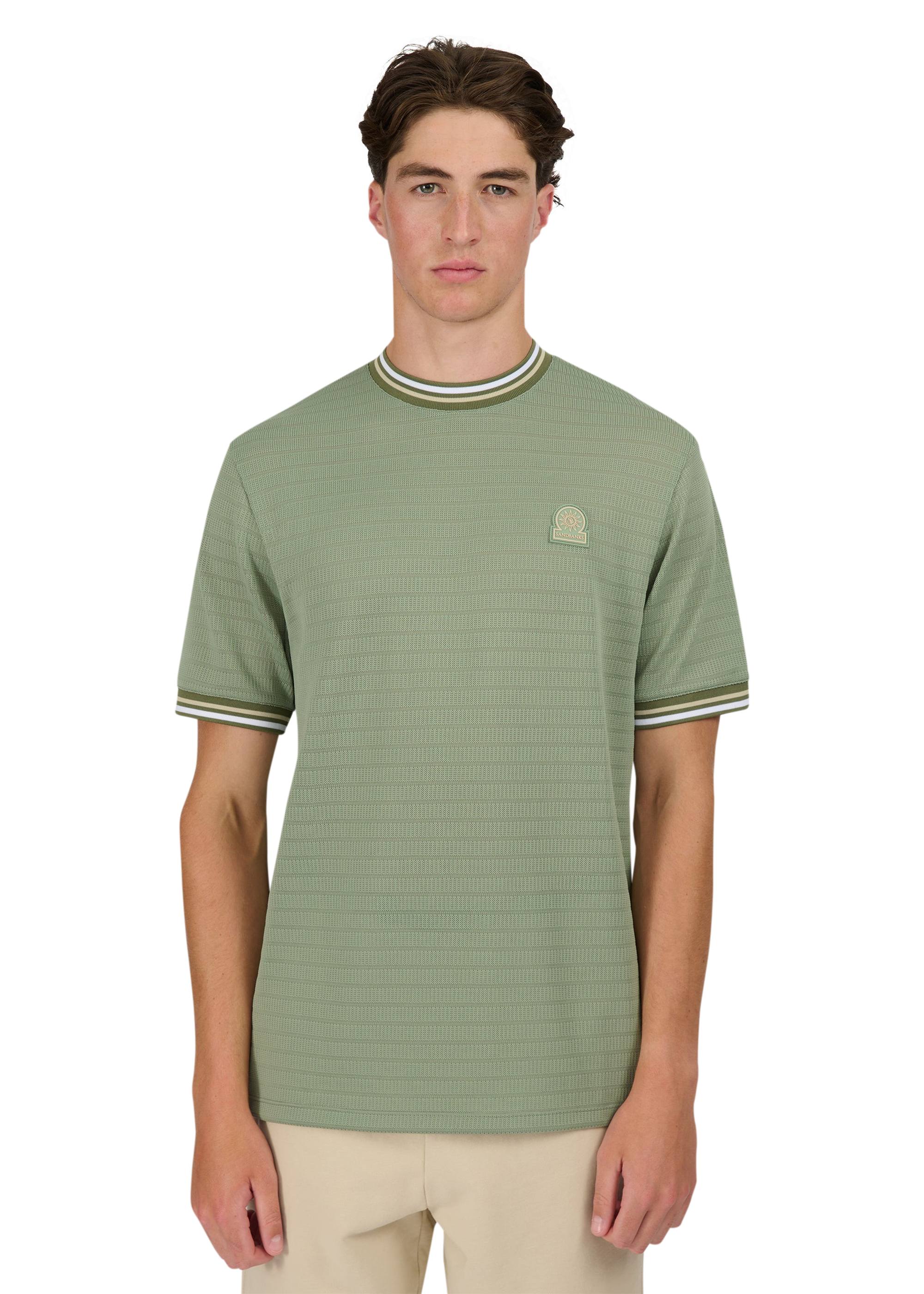 Sandbanks Jacquard T-Shirt with Striped Neck and Cuffs - Sage