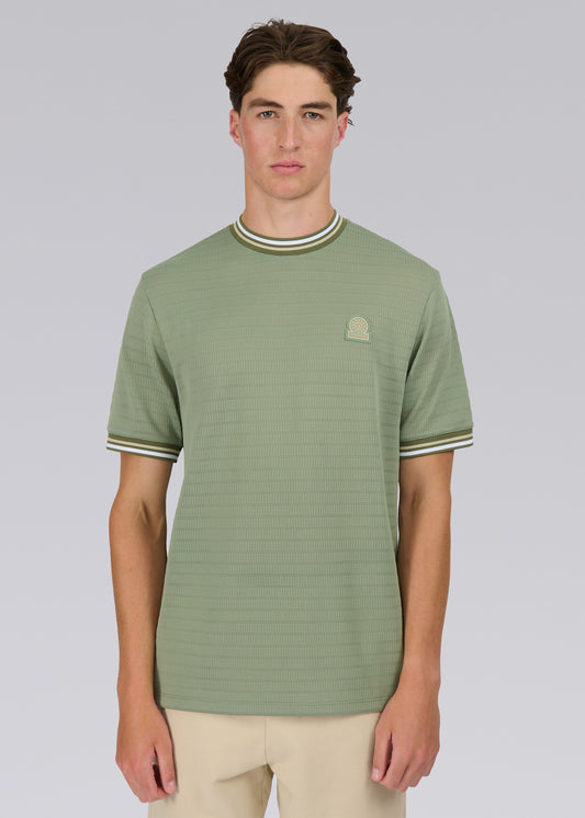 Sandbanks Jacquard T-Shirt with Striped Neck and Cuffs - Sage