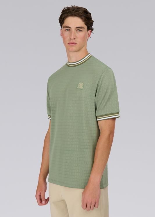 Sandbanks Jacquard T-Shirt with Striped Neck and Cuffs - Sage