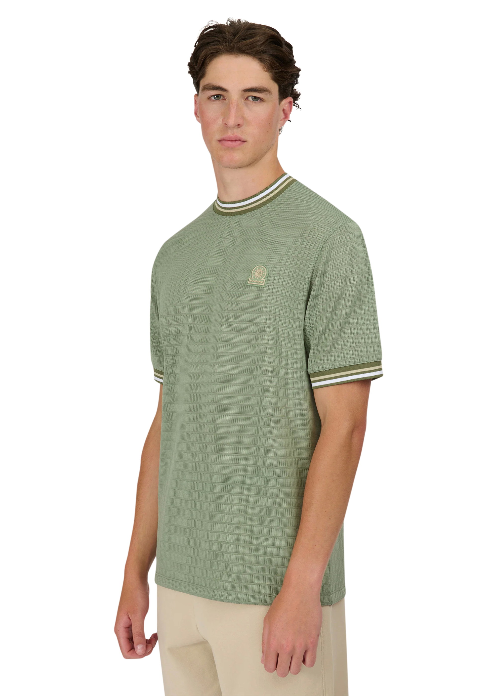 Sandbanks Jacquard T-Shirt with Striped Neck and Cuffs - Sage