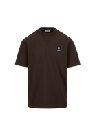 Brown t-shirt with a small logo on a white background