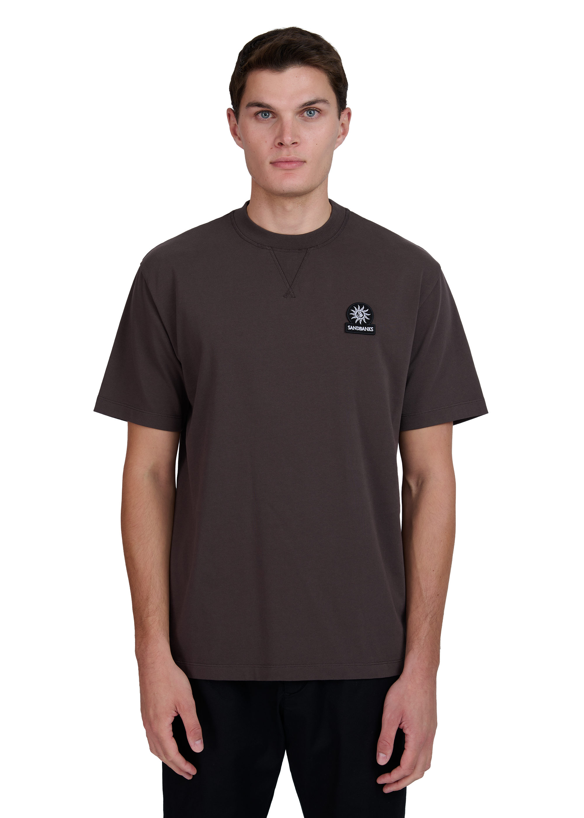 Model wearing a dark brown t-shirt with a logo on a white background