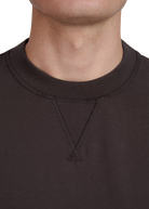 Close-up of a model wearing a dark brown sweatshirt with a V-neck design.