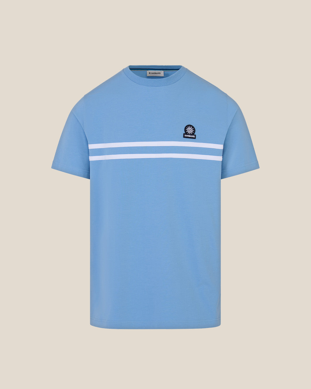 Light blue t-shirt with white stripes on a beige background