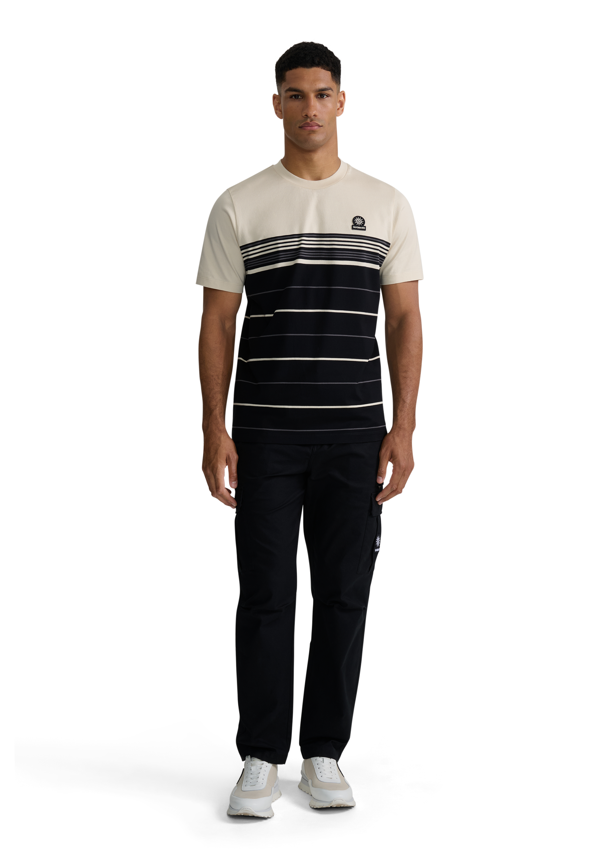 Engineered Multi Stripe Cotton T-Shirt - Black/Stone