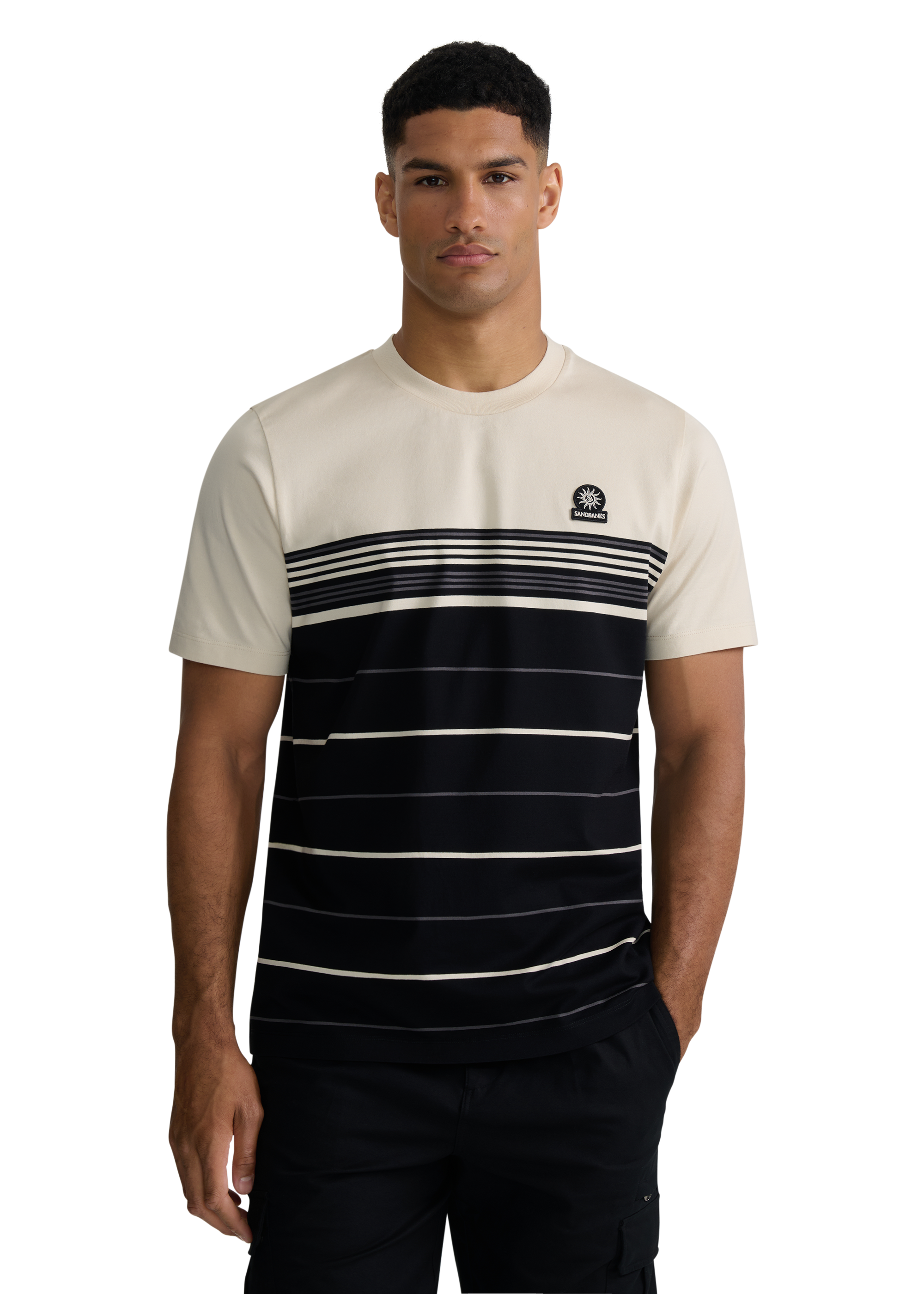 Engineered Multi Stripe Cotton T-Shirt - Black/Stone
