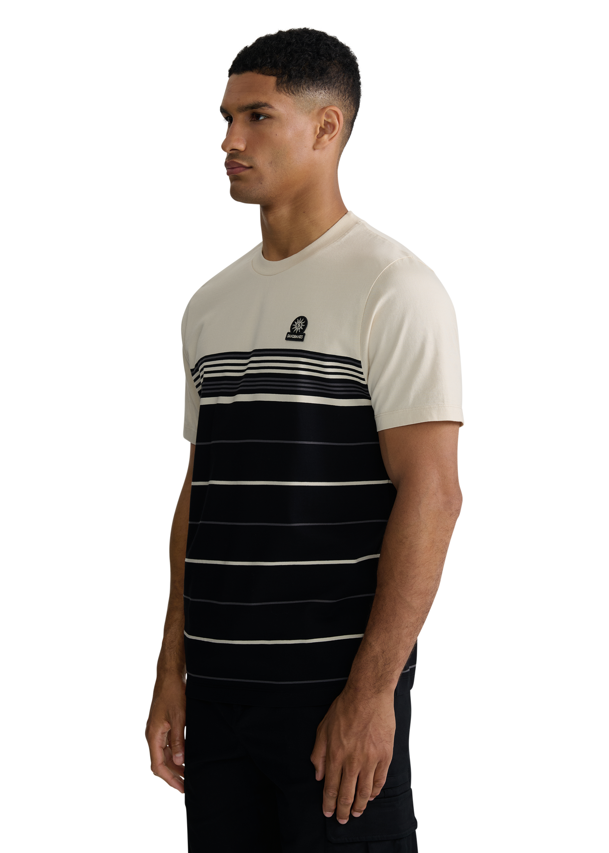Engineered Multi Stripe Cotton T-Shirt - Black/Stone