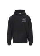 Black hoodie with a logo on the chest against a white background