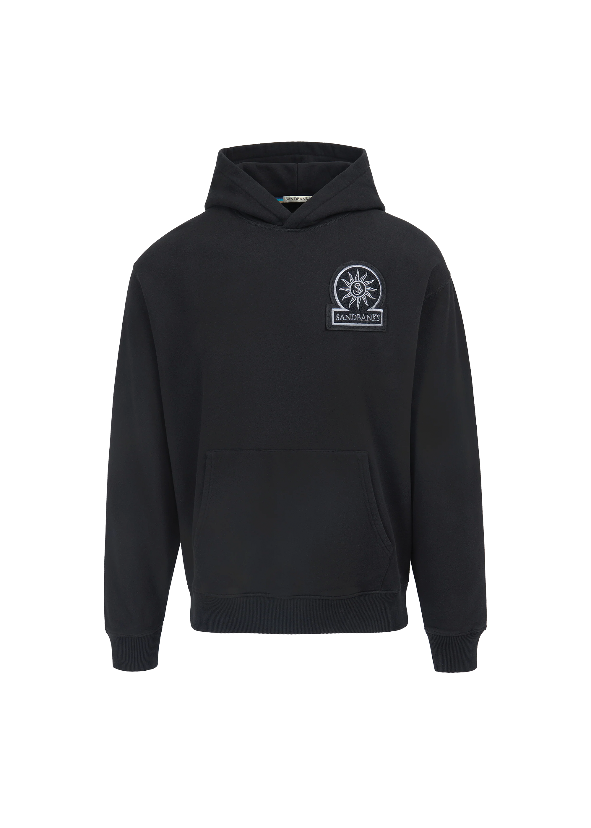 Black hoodie with a logo on the chest against a white background