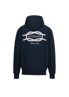 Navy hoodie with 'Sandbanks Yacht Club' logo on the back against a white background