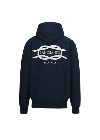 Navy hoodie with 'Sandbanks Yacht Club' logo on the back against a white background