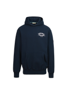 Navy hoodie with a logo on the chest against a white background