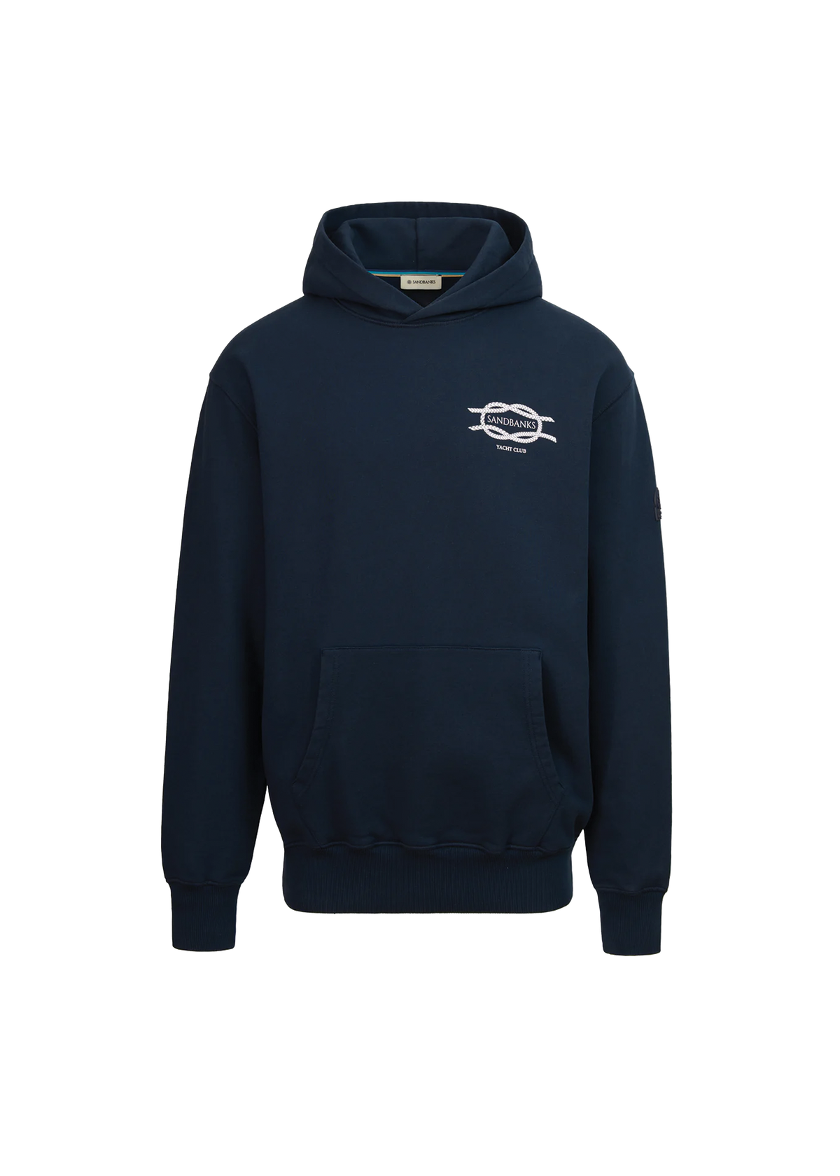 Navy hoodie with a logo on the chest against a white background