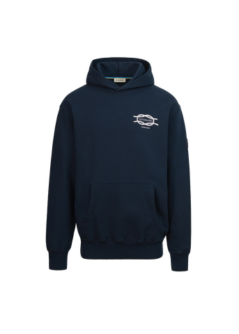 Navy hoodie with a logo on the chest against a white background