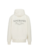 White hoodie with 'Sandbanks' logo on a white background