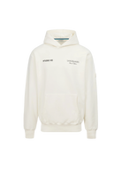 White hoodie with branding on a white background