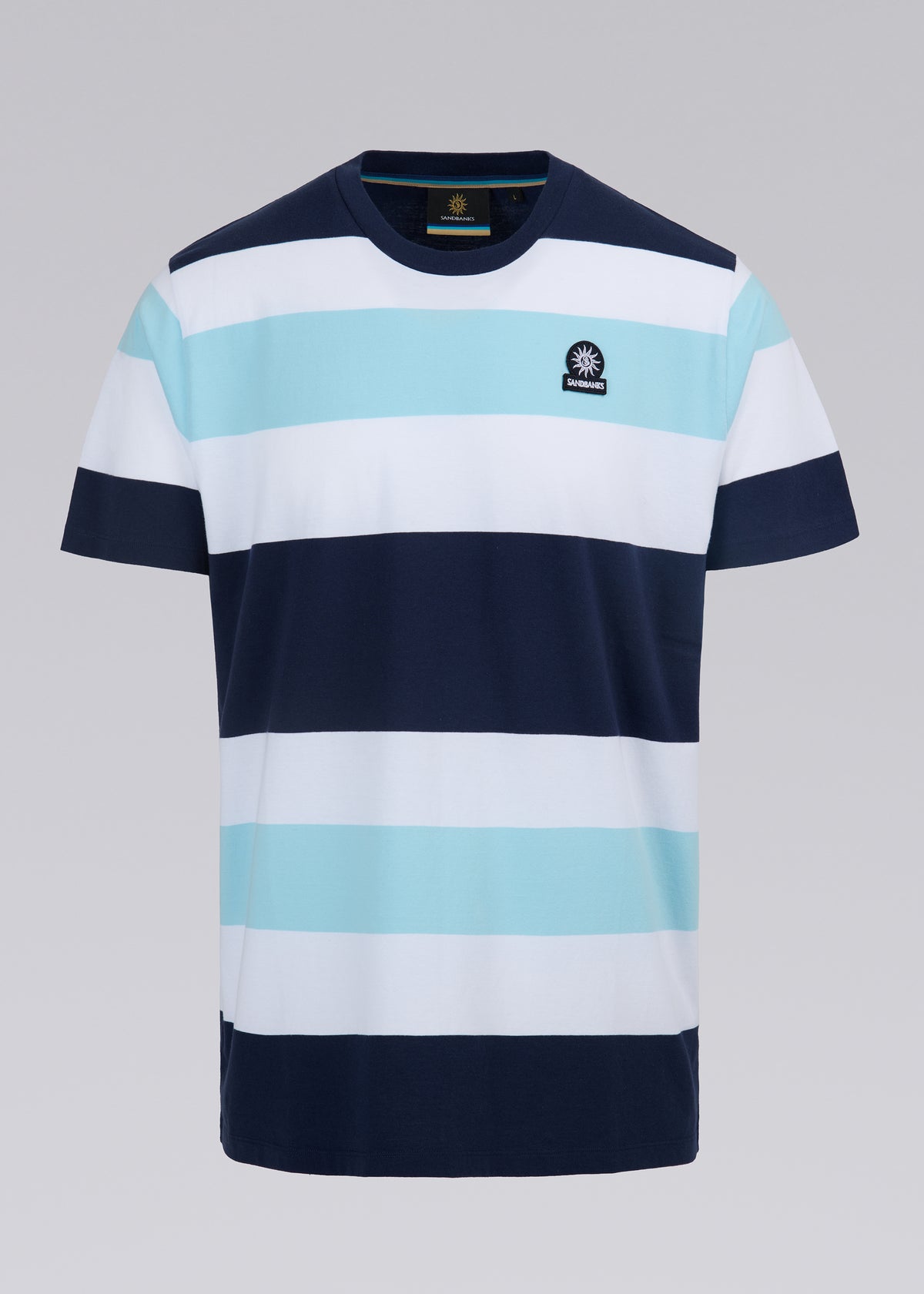 Sandbanks Badge Logo Wide Stripe T-Shirt - White/Navy/Crystal Blue