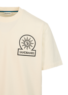Beige t-shirt with Sandbanks logo on a white background