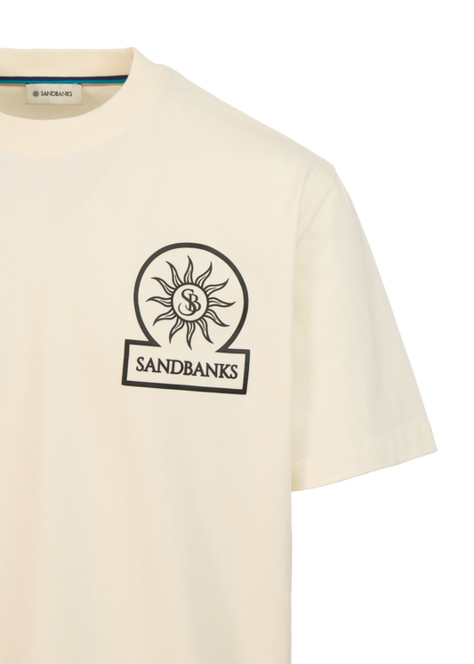 Beige t-shirt with Sandbanks logo on a white background