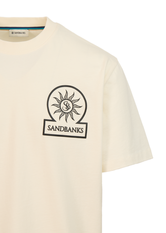 Beige t-shirt with Sandbanks logo on a white background