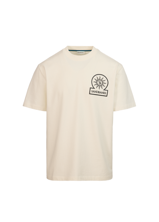 Beige t-shirt with a logo on a white background