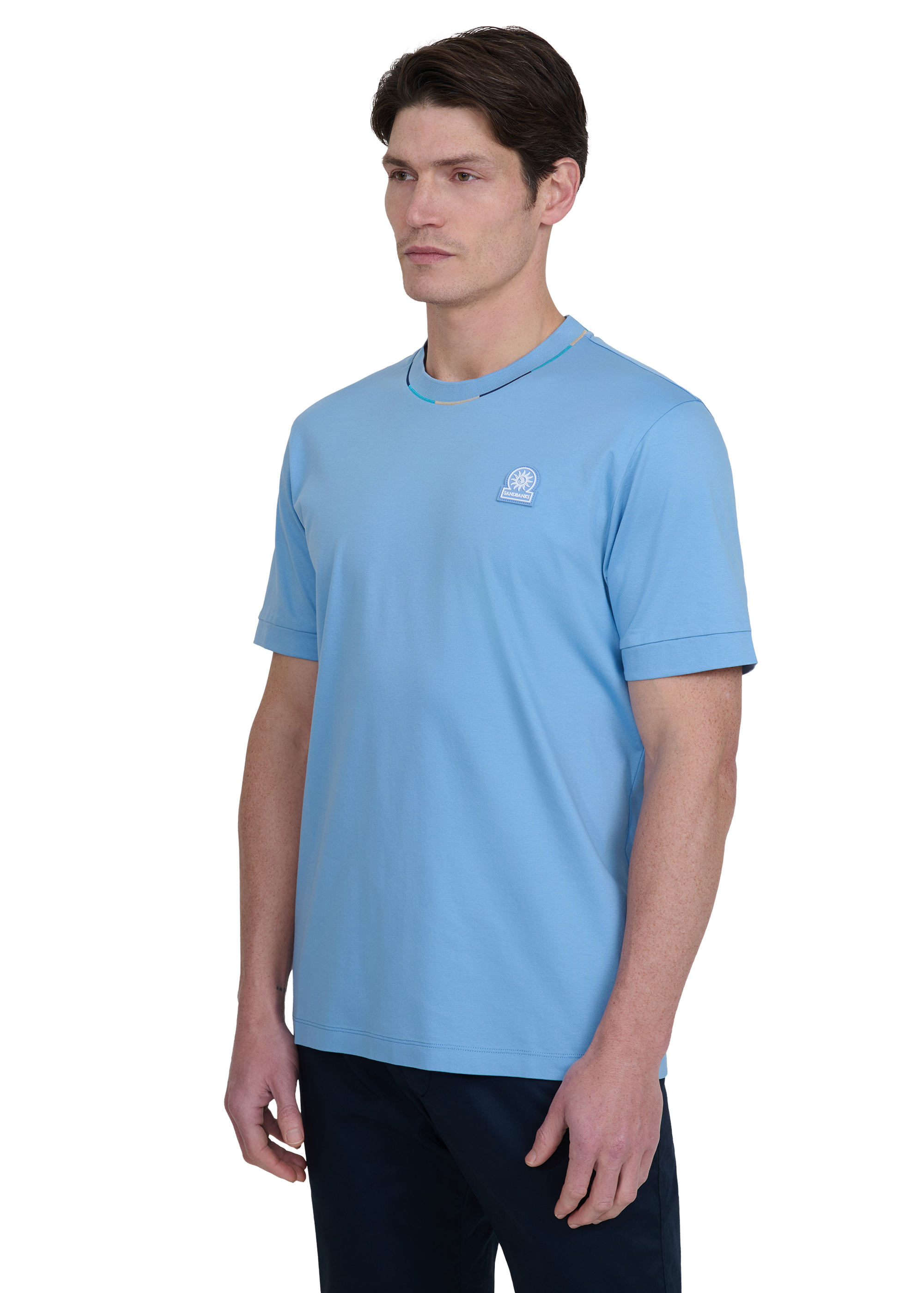 Sandbanks Tri-colour Neck T-Shirt - Dusty Blue