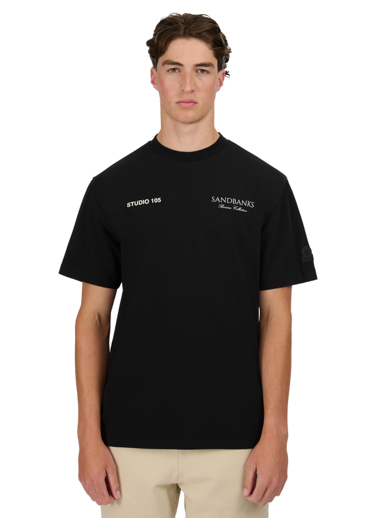 Model wearing Sandbanks Riviera Collection T-Shirt - Black