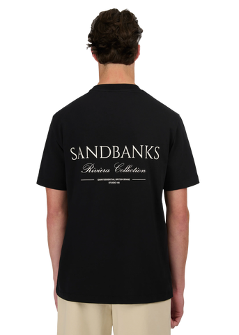 Model wearing Sandbanks Riviera Collection T-Shirt - Black