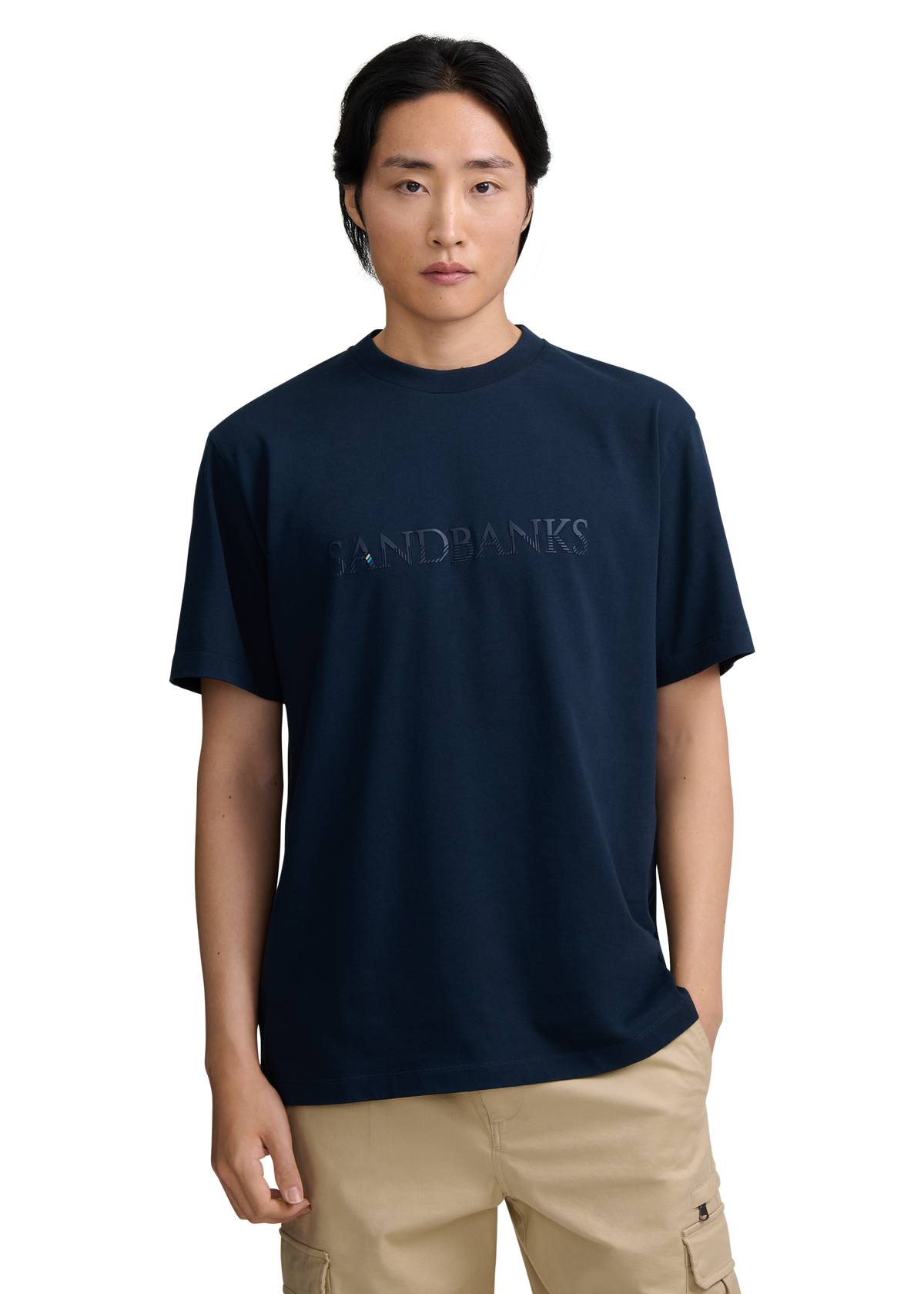 Raised Stripe Logo Print T-Shirt - Navy