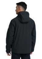 Person wearing a black jacket with a hood on a white background