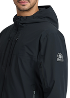 Black jacket with a brand logo on the sleeve against a white background