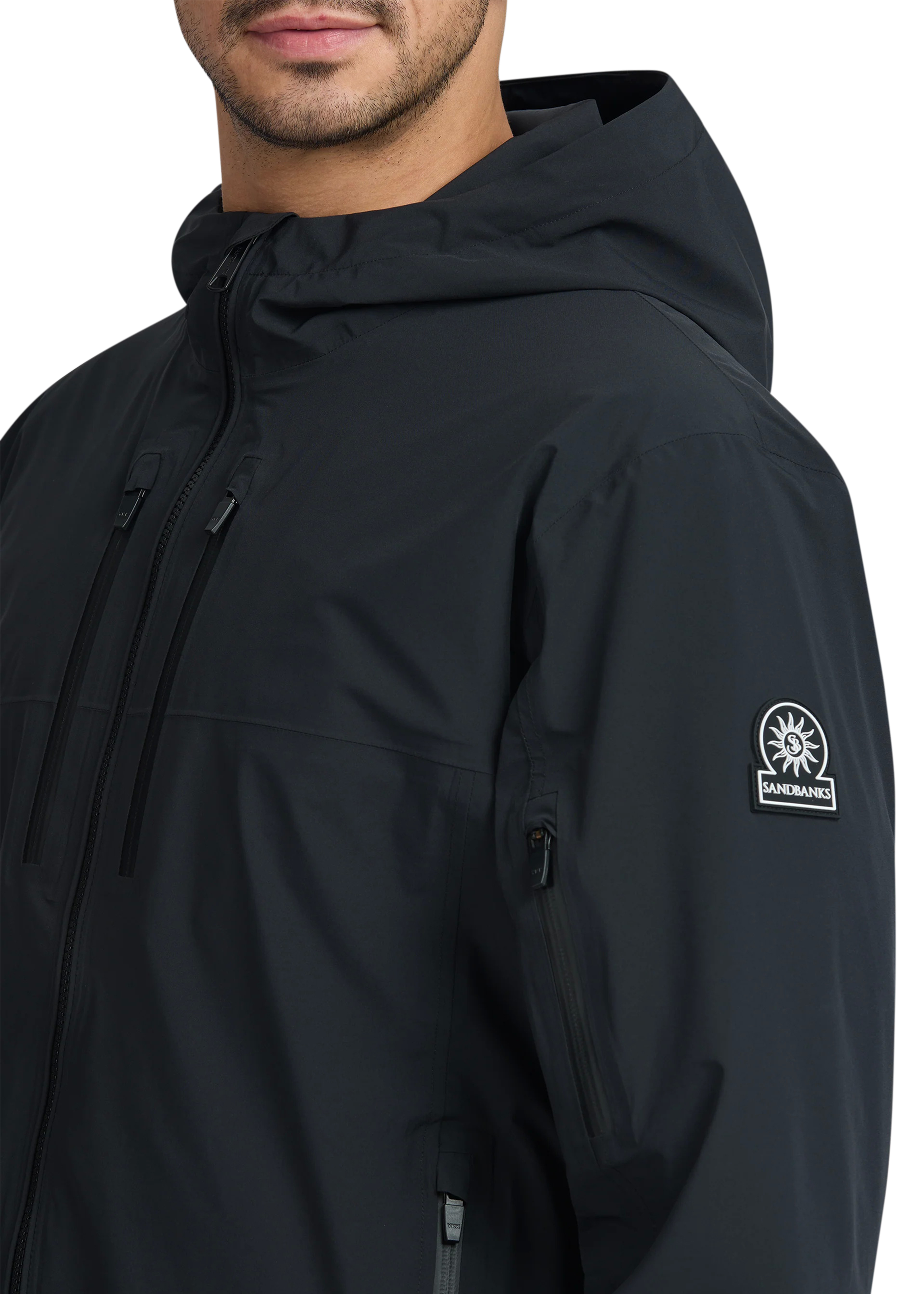 Black jacket with a brand logo on the sleeve against a white background