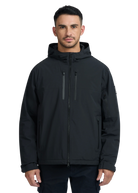 Man wearing a black hooded jacket on a white background