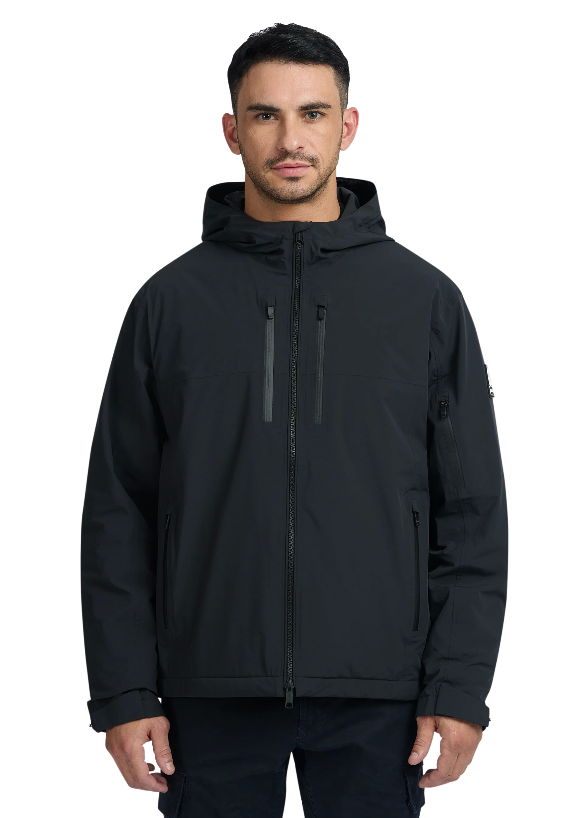 Man wearing a black hooded jacket on a white background