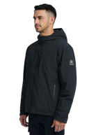 Man wearing a black jacket with a brand logo on a white background