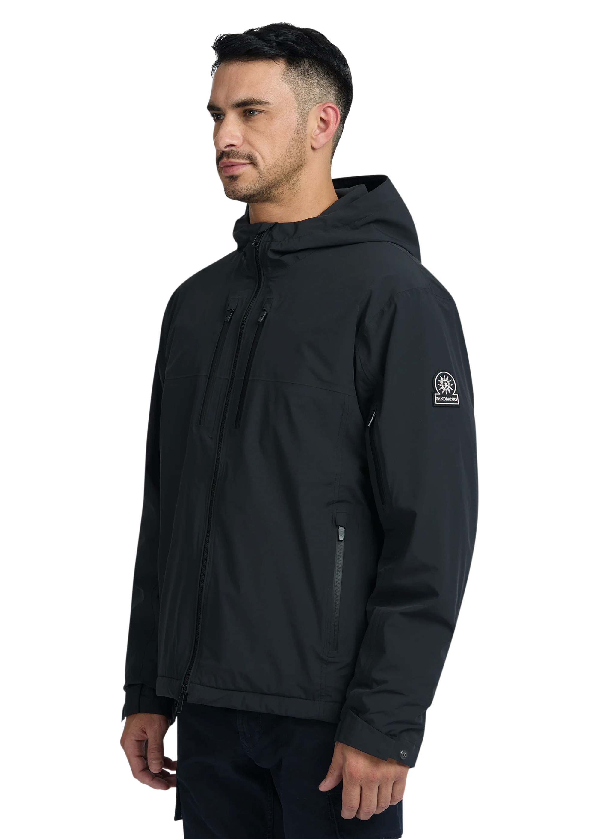 Man wearing a black jacket with a brand logo on a white background