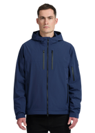 Man wearing a blue jacket with a hood on a white background