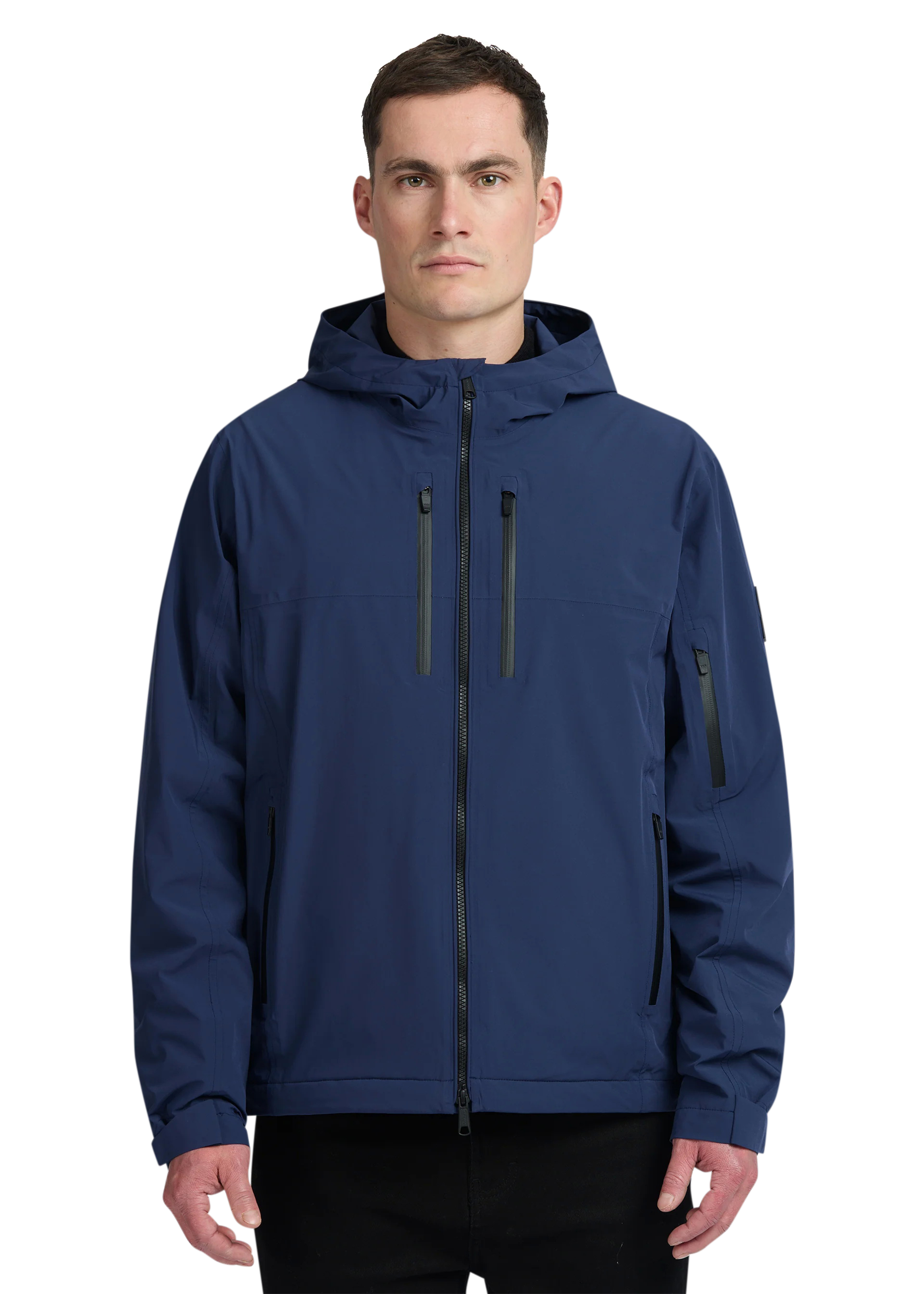 Man wearing a blue jacket with a hood on a white background