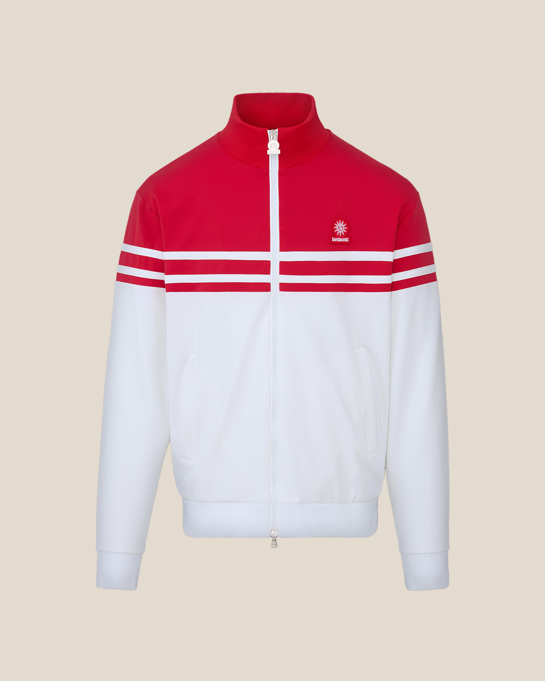 Red and white jacket with a brand logo on a beige background