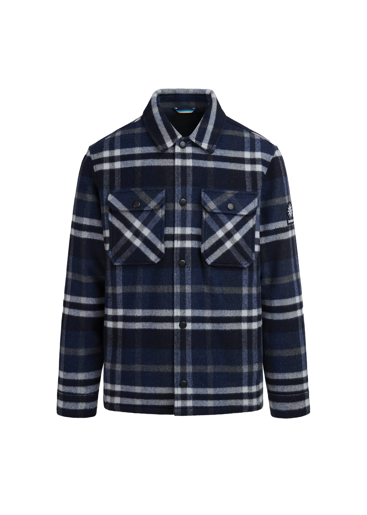 Navy and white plaid shirt with a collar on a white background