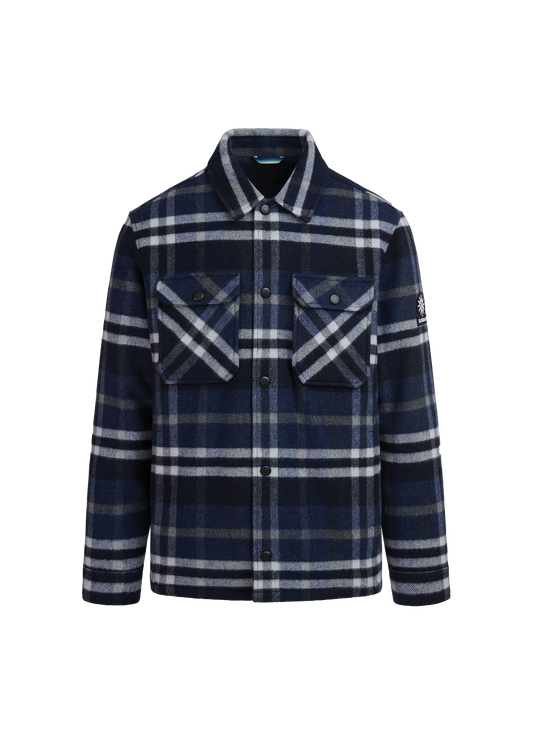 Navy and white plaid shirt with a collar on a white background