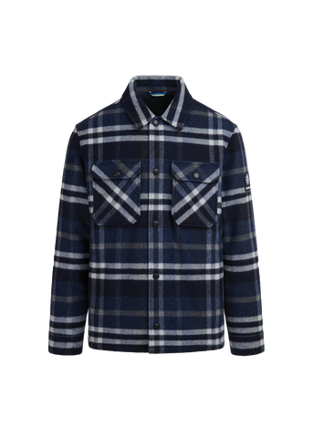Navy and white plaid shirt with a collar on a white background