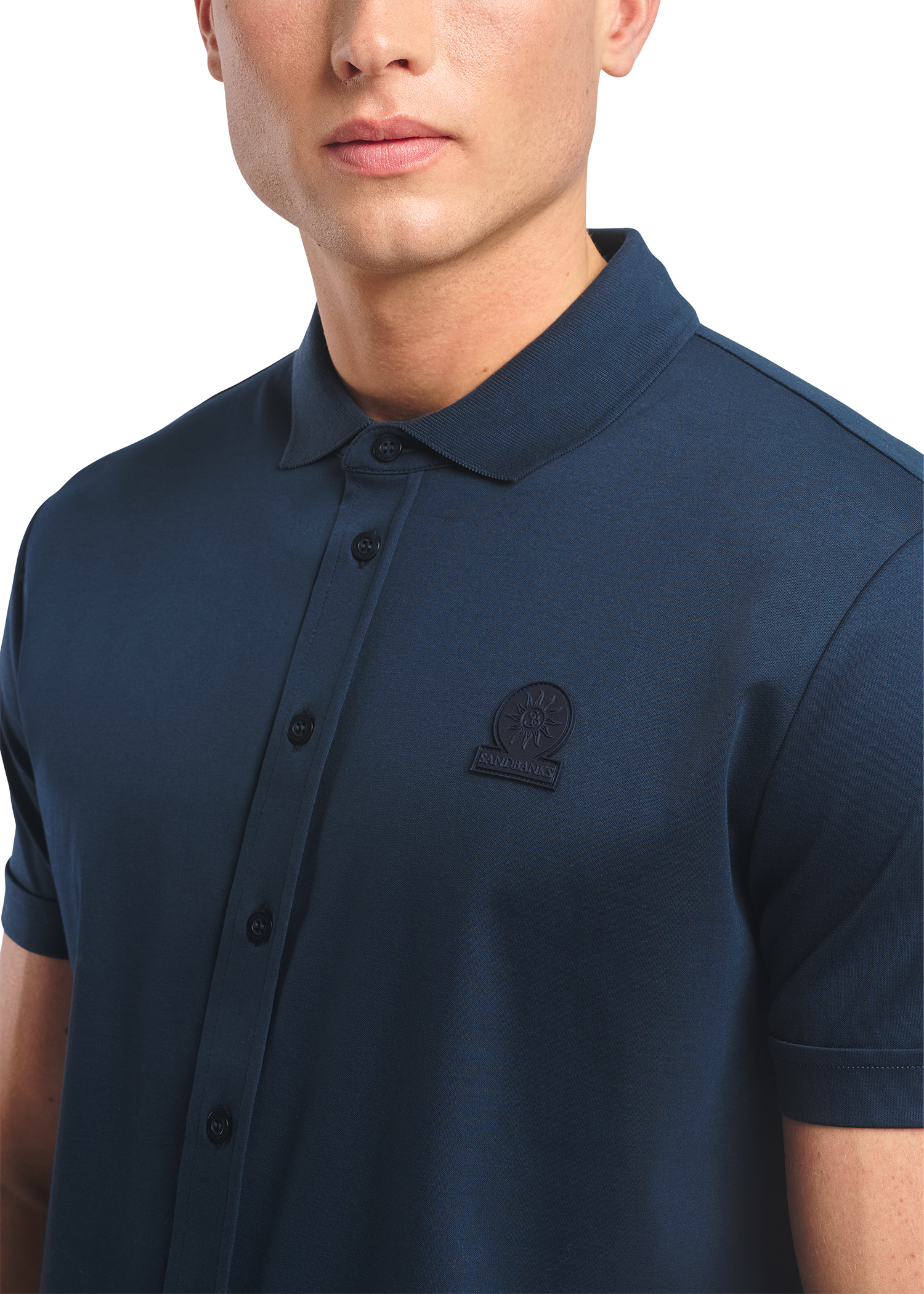 Sandbanks Full Button Interlock Polo Shirt - Navy