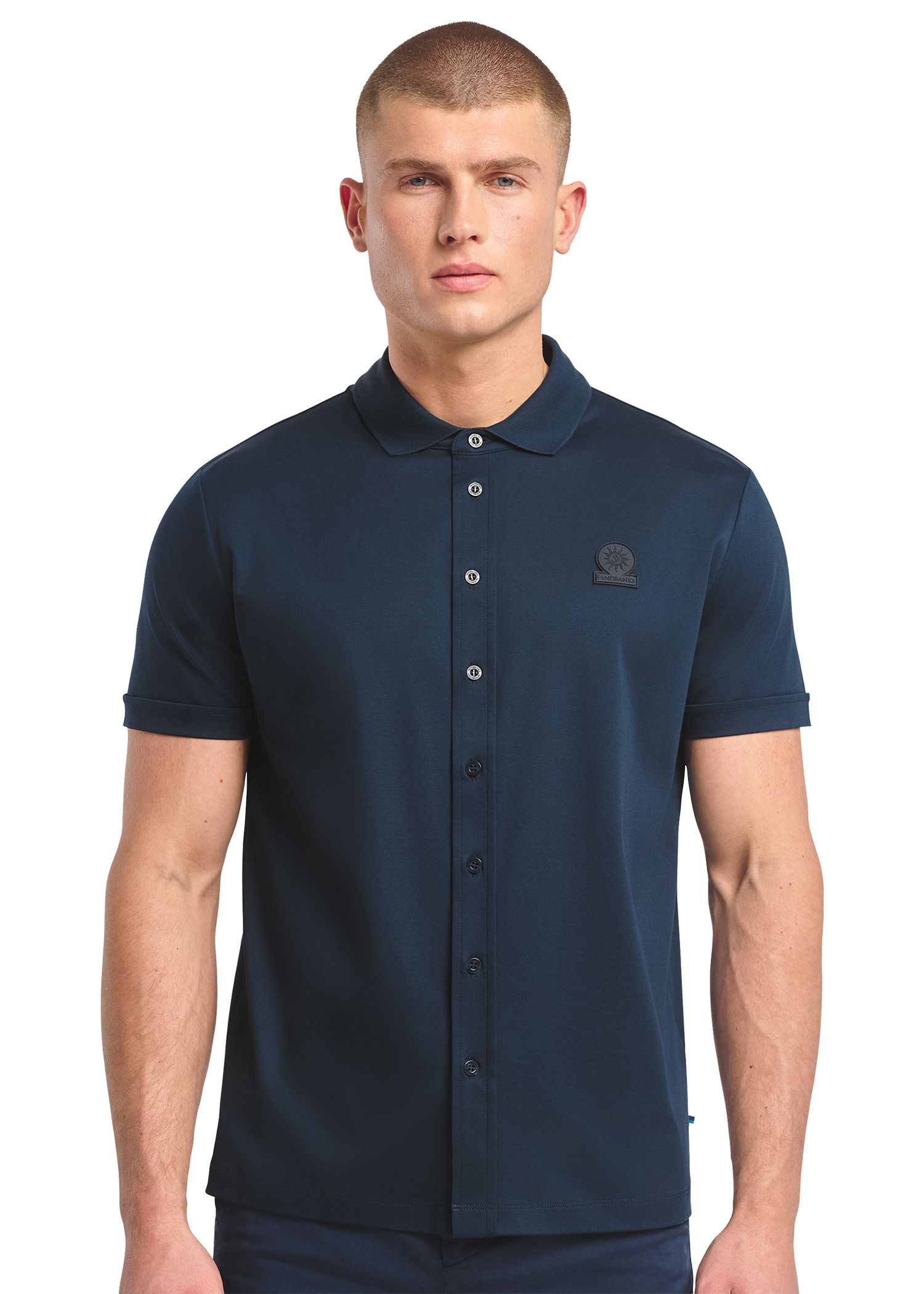 Sandbanks Full Button Interlock Polo Shirt - Navy