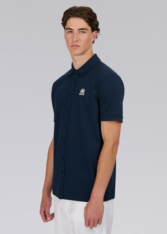 Sandbanks Full Button Interlock Polo Shirt - Navy